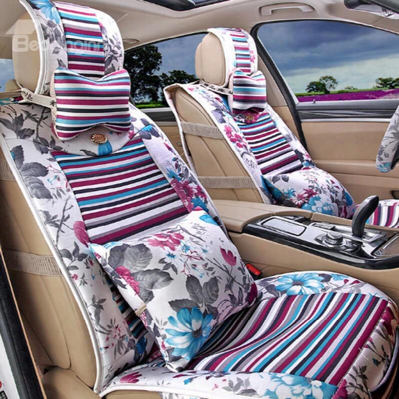 Attractive Folral Style Design Good Permeability Flax Material Universal Five Car Seat Cover