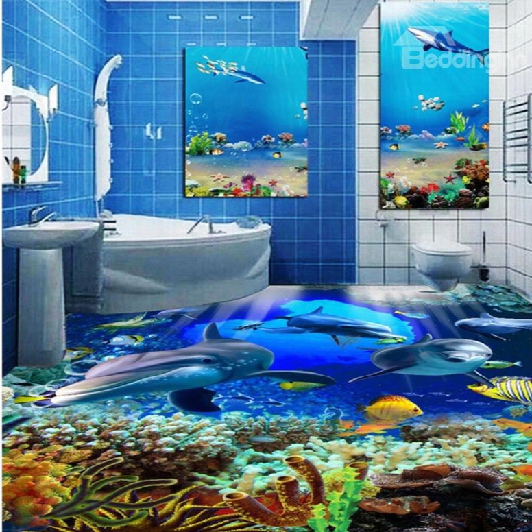 Awesome Dolphins In The Sea Painting Wallpaper Splicing Waterproof 3d Floor Murals