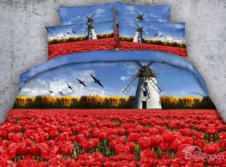 Beautiful 3d Red Tulip And Windmill Print 5-piece Comforter Sets