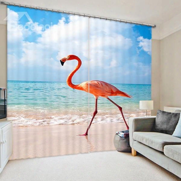 Beautiful Flamingo Walking On The Beach Printing 3d Bedroom 2 Panels Curtain