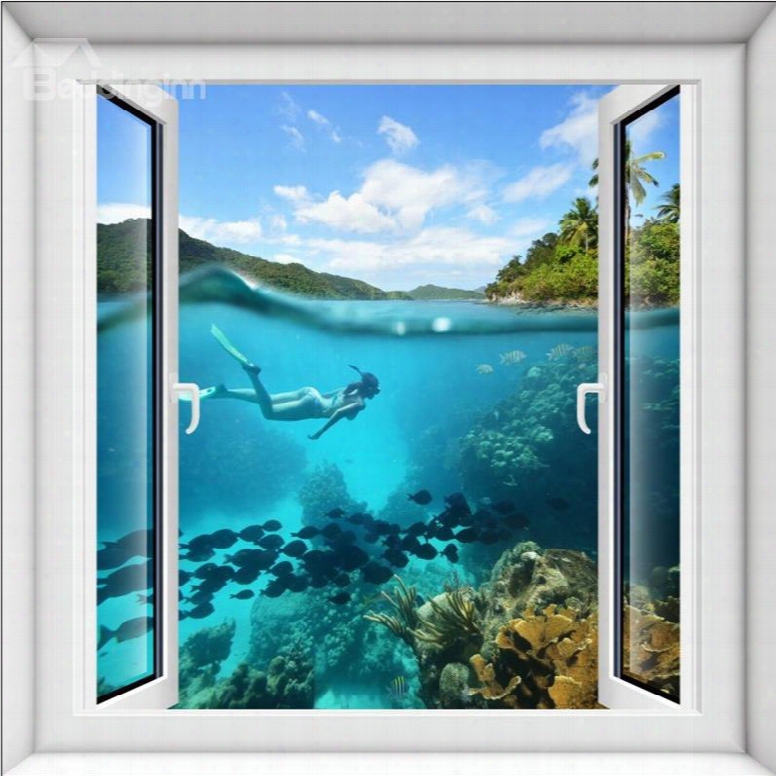 Beautiful Girl Swimming Under The Sea Window Scenery 3d Wall Stickers