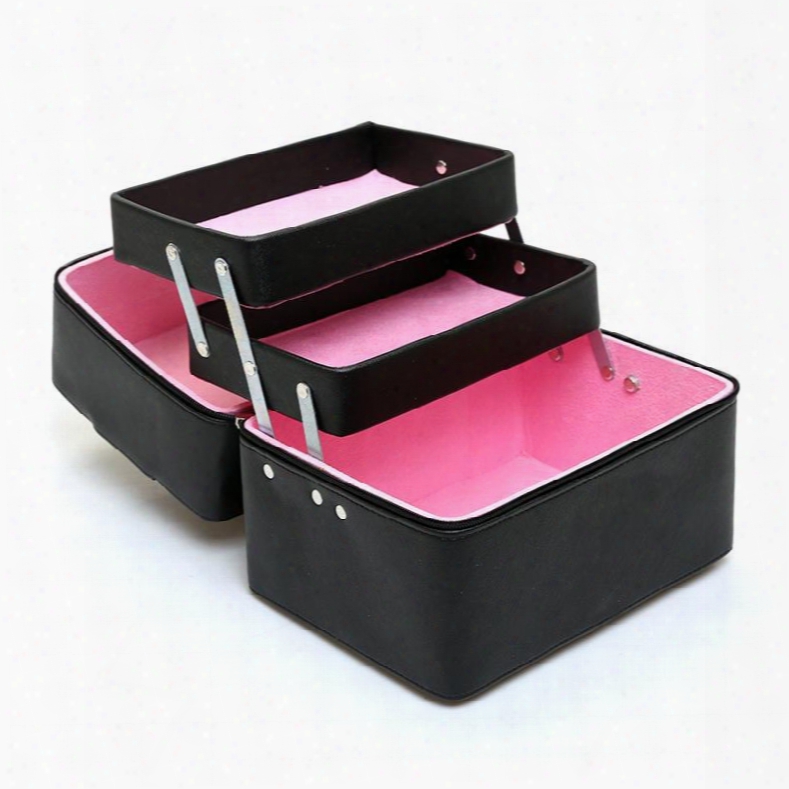 Black 3-layer Pu Travel Cosmetic Bags With Zipper