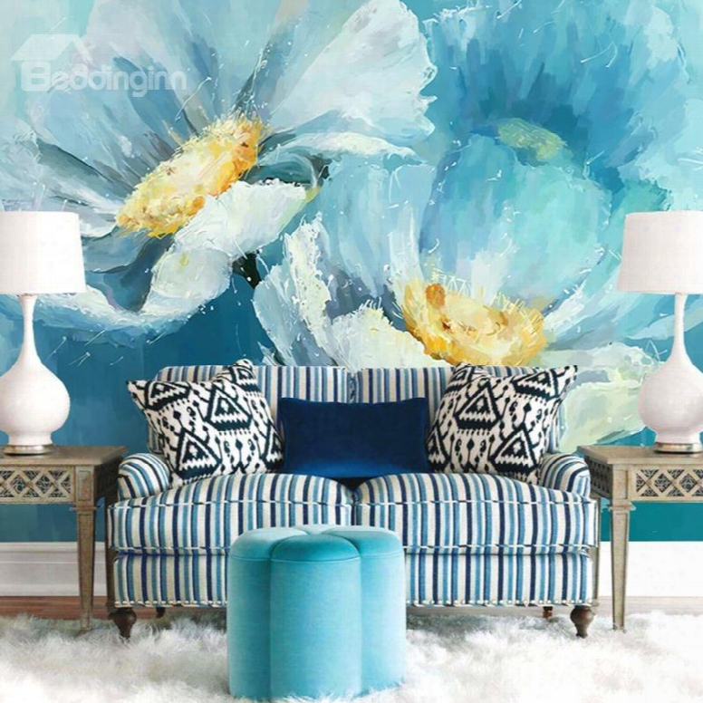 Blue Elegant Stlye Flowers Pattern Waterproof Splicing 3d Wall Murals