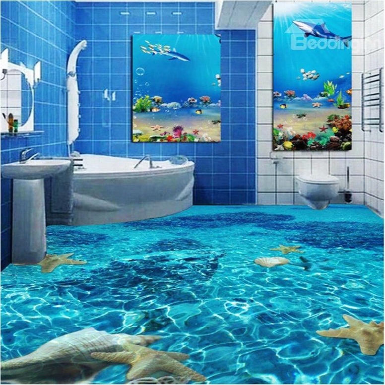 Blue Sea Containing Shell Conch And Starfish Nonslip And Waterproof 3d Floor Murals