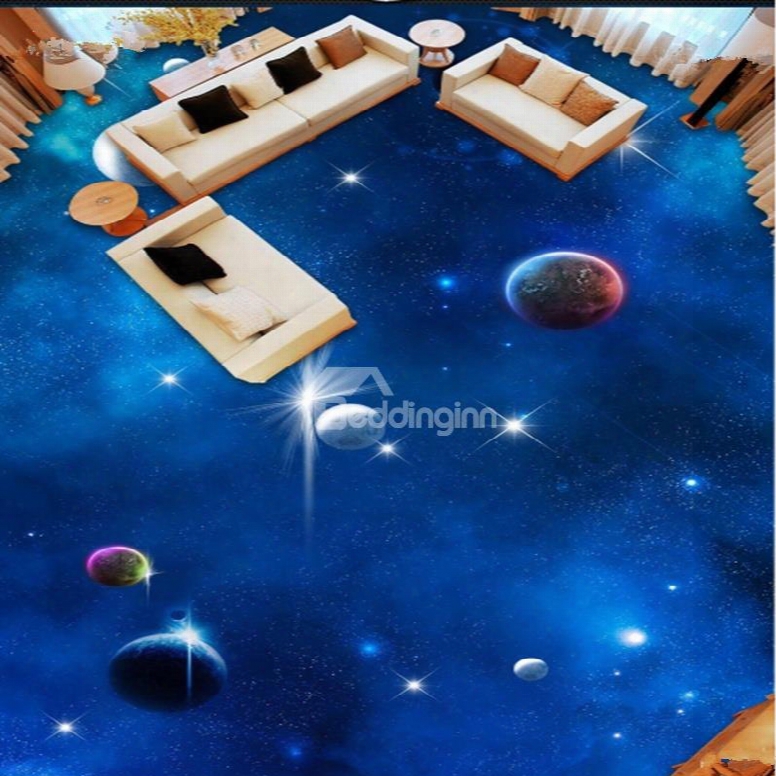 Blue Simple Style Planets In Galaxy Print Waterproof Splicing 3d Floor Murals