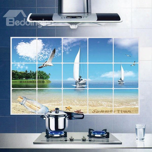 Blue Sky Beach Seagulls And Sailing Boat Kitchen Wall Sticker