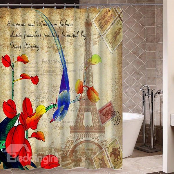 Blue Thrush In Paris Pattern Retro Poster Print 3d Bathroom Shower Curtain