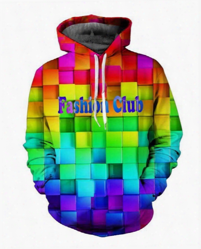 Bright Long Sleeve Colorful Plaid Pattern 3d Painted Hoodie