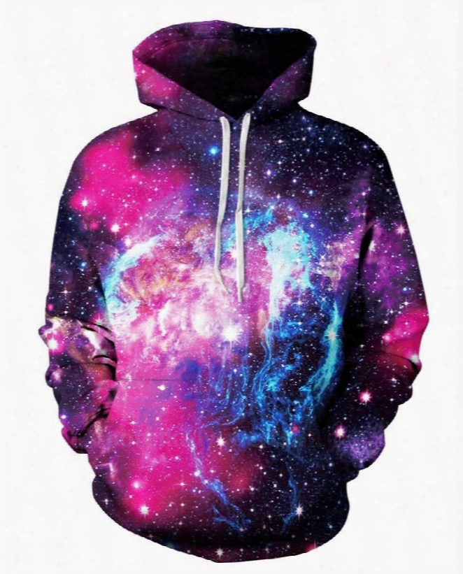 Bright Long Sleeve Purple Galaxy Pattern 3d Painted Hoodie