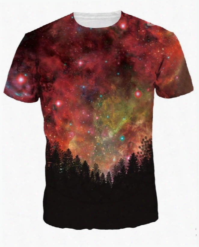 Bright Round Neck Galaxy And Tree Pattern 3d Painted T-shirt