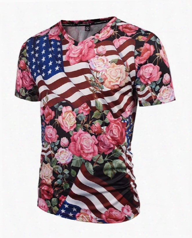 Bright V Neck American Flag And Floral Pattern 3d Painted T-shirt