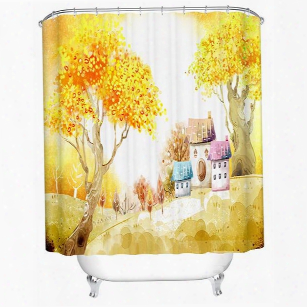 Cartoon Yellow Trees And Colorful House Print 3d Bathroom Shower Curtain