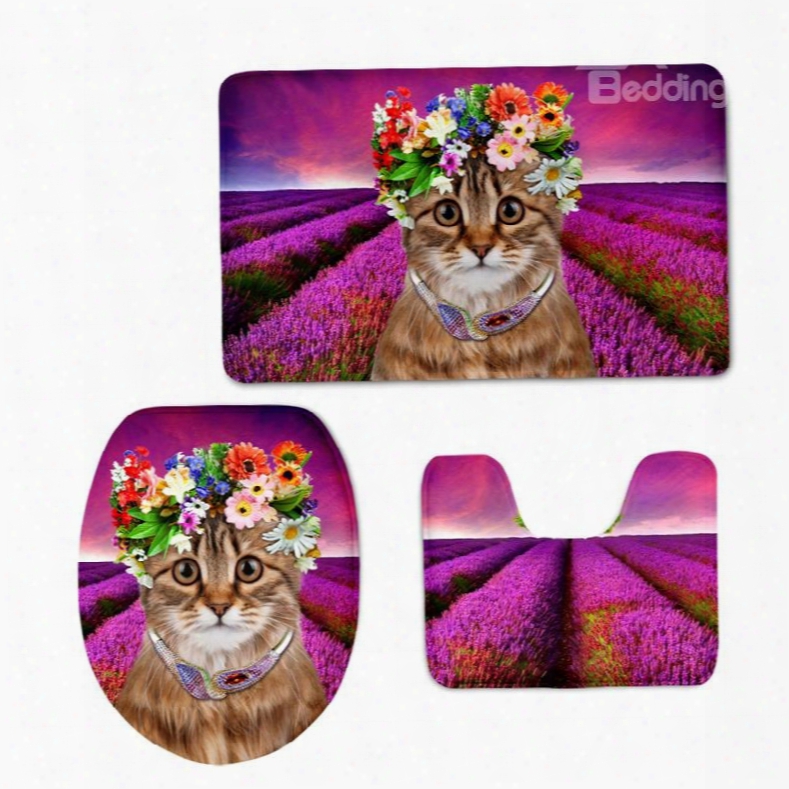 Cat With Garland And Necklace In The Lavender Field 3d Printing 3-pieces Toilet Seat Cover