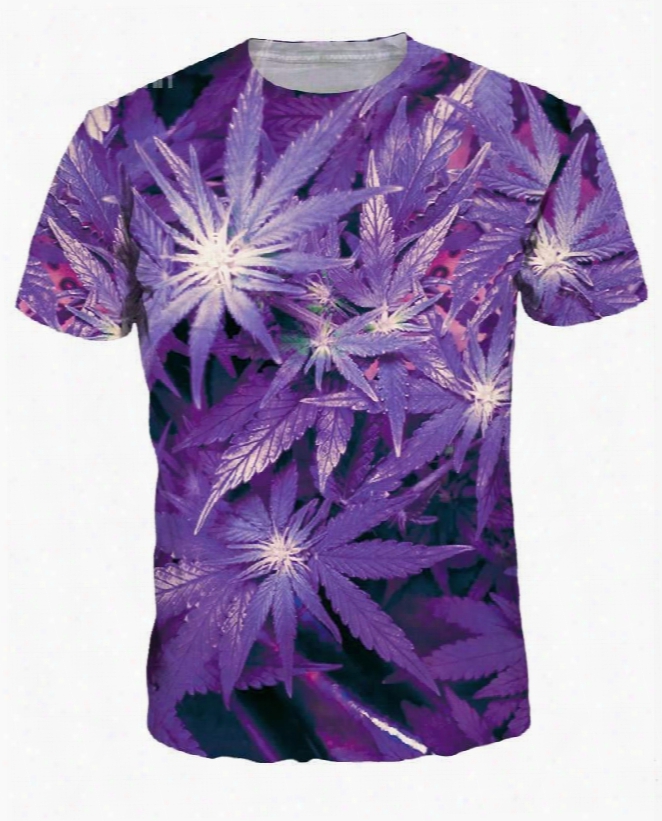 Charming Round Neck Leaf Pattern Purple 3d Painted T-shirt