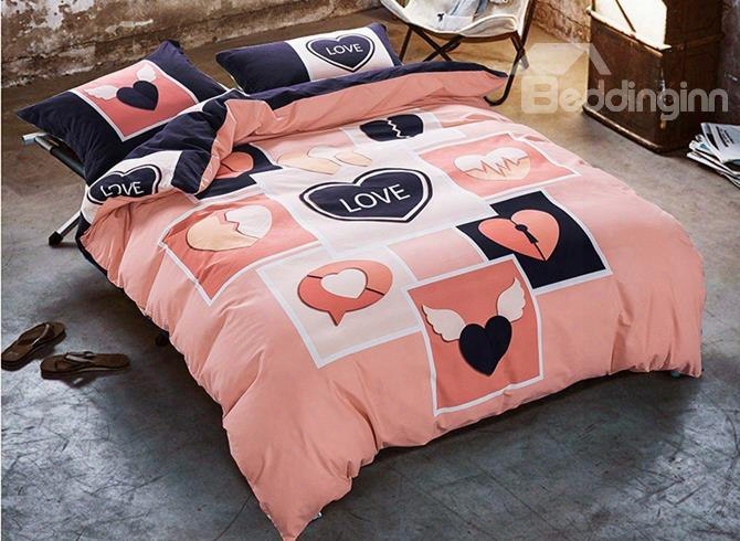 Chic Heart Design Pink 4-piece Cotton Duvet Cover Sets