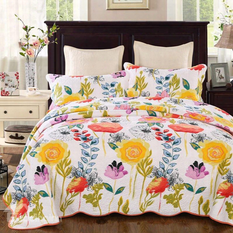 Colorful Flowers Print Patchwork Cotton Queen Size 3-piece White Bed In A Bag