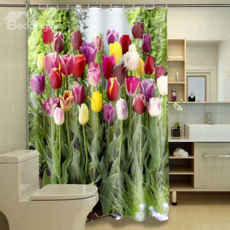 Colorful Tulips Pattern Dacron Waterproof And Eco-friendly 3d Shower Curtain