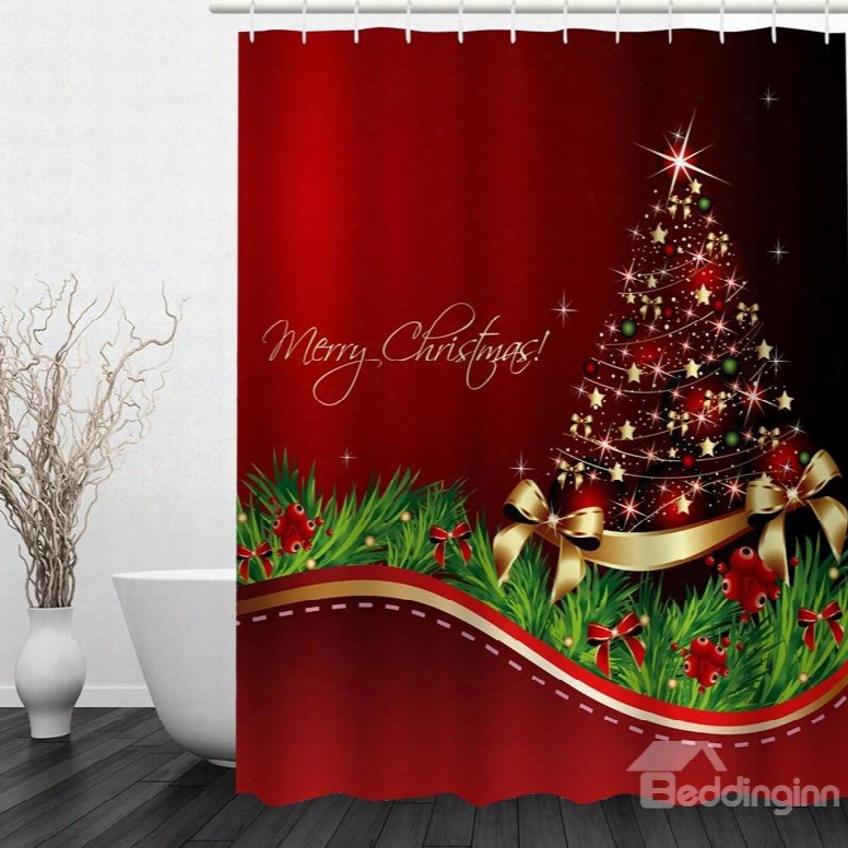 Concise Red Christmas Tree Printing Waterproof Bathroom 3d Shower Curtain