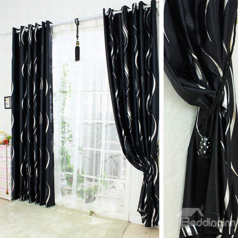 Contemporary Conise Black With White Wave Printing Blackout Custom Curtain