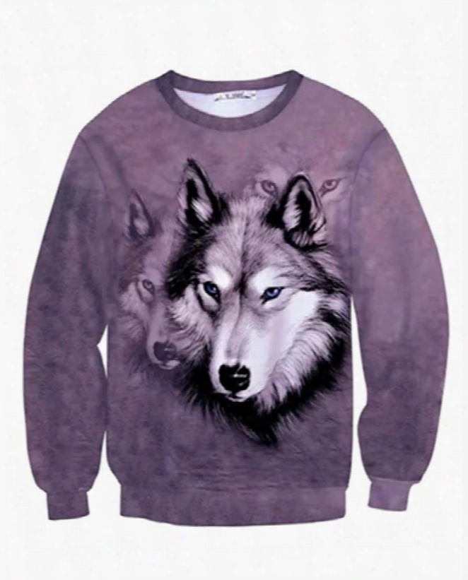 Cool Long Sleeve Wolve Pattern Inner Suede 3d Painted Hoodie