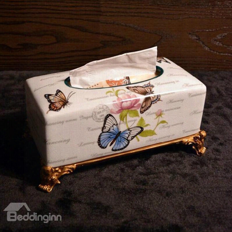 Country Style Colorful Butterfly Printing Ceramics Paper Holder