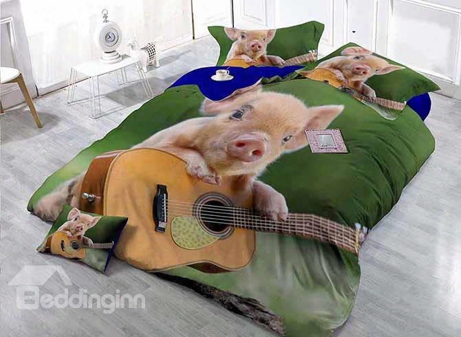 Creative Pig Playing The Guitar Print Satin Drill 4-piece Duvet Cover Sets