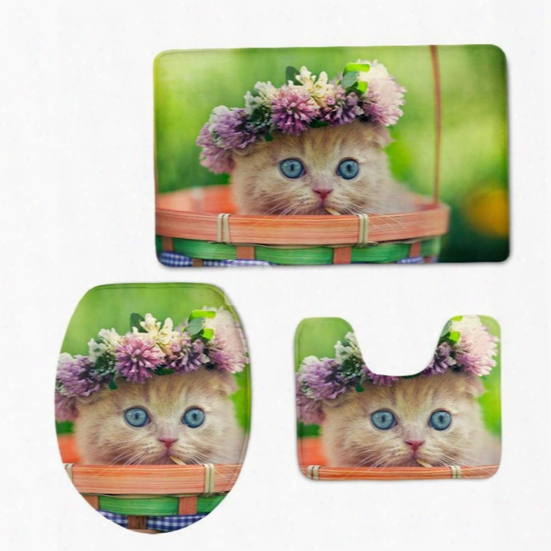Cute Kitty With Garland In The Basket 3d Printing 3-pieces Toilet Seat Cover