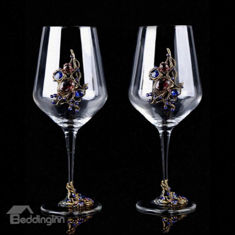 Delicate European Style Artificial Crystal Decoration 2 Pieces Wine Glasses