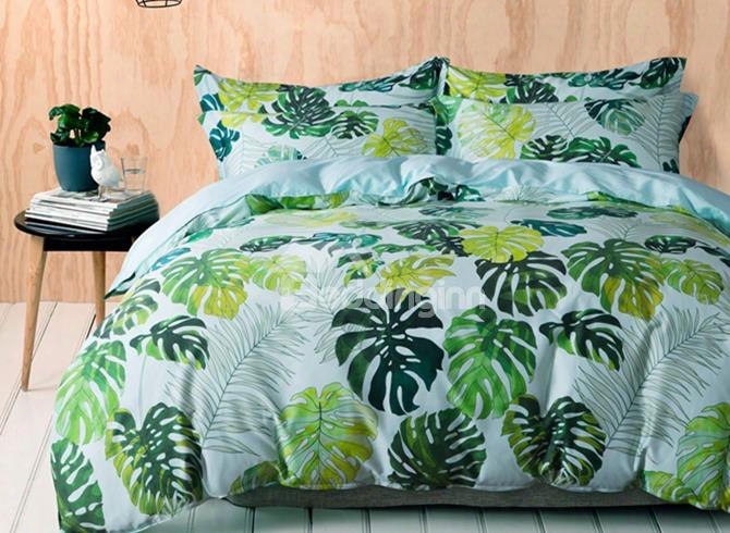 Designer 60s Brocade Fresh Tropical Green Leaves Print Egyptian Cotton 4-piece Bedding Sets