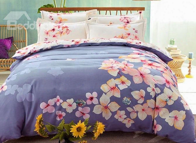 Dream Y Pink Blossom Print Purple 4-piece Cotton Duvet Cover Sets