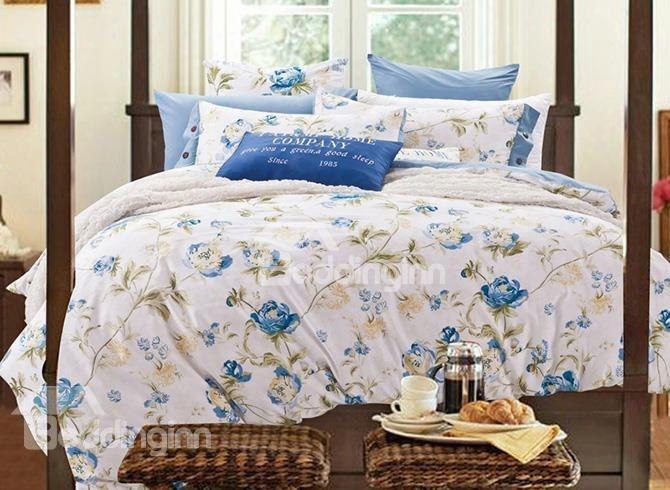 Elegant Blue Flowers Print 100% Cotton 4-piece Duvet Cover Sets