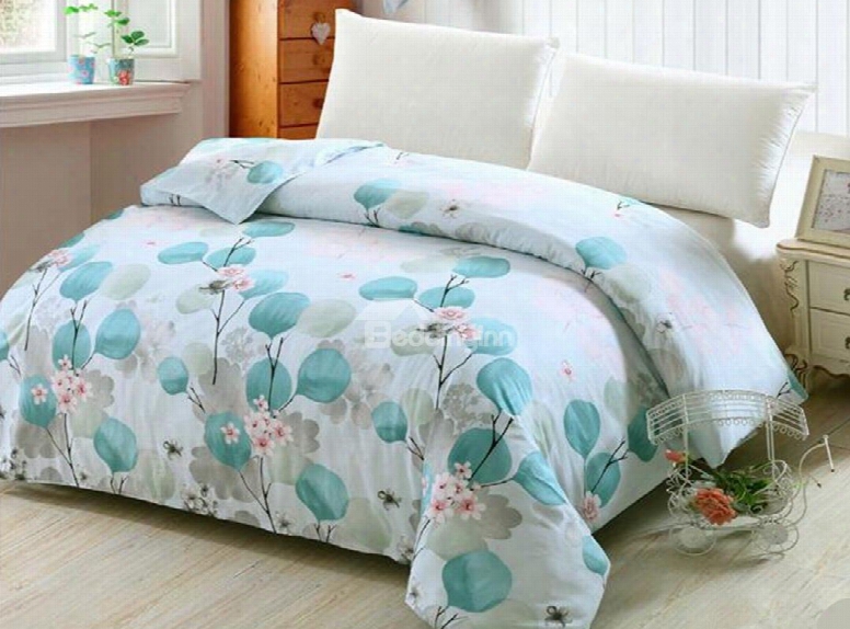 Elegant Leaves Printt Light Blue 4-piece Cotton Duvet Cover Sets