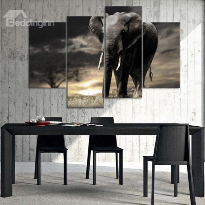 Elephant In Dawn Simple Style 4 Pieces Canvas Waterproof And Eco-friendly  Framed Prints