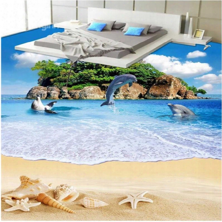 European Style Blue Sky And Dolphins Playing By The Sea Pattern Splicing Waterproof Custom Size 3d Floor Murals