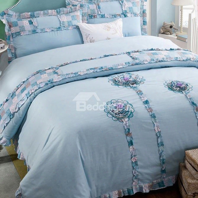 Fabulous Flowers Embroidery Blue 4-piece Cotton Duvet Cover Sets