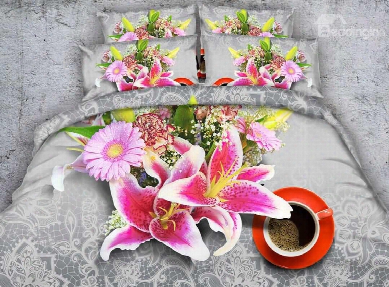 Fragrant Pink Lilies And Daisies Print 5-piece Comforter Sets