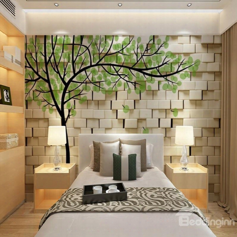 Fresh White Wall With Green T Ree Pattern Waterproof 3d Wall Murals