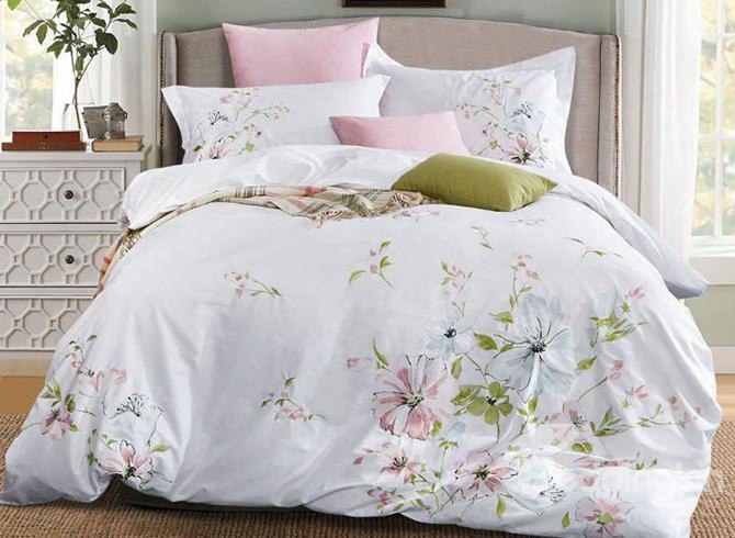Full Pastoral Style Flower Embroidery White 4-piece Cotton Bedding Sets/duvet Cover