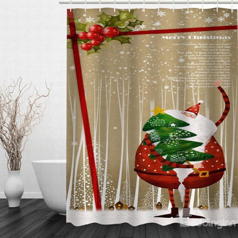 Funny Santa Holding Christmas Tree Printing Bathroom 3d Shower Curtain