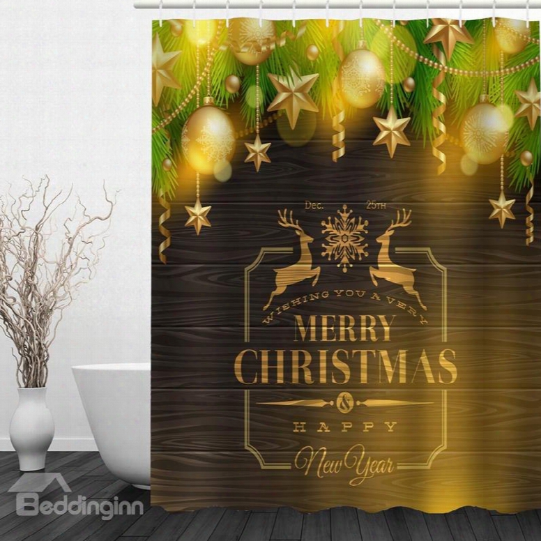 Golden Christmas Theme Printing Bathroom 3d Shower Curtain