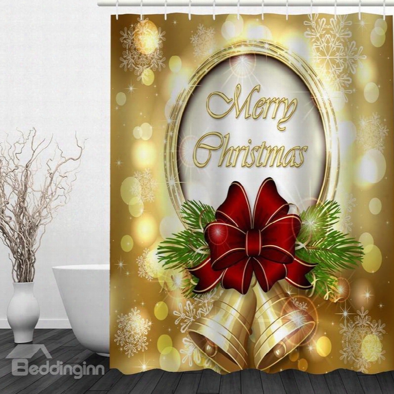 Golden Jingle Bell Printing Christmas Theme Bathroom 3d Shower Curtain