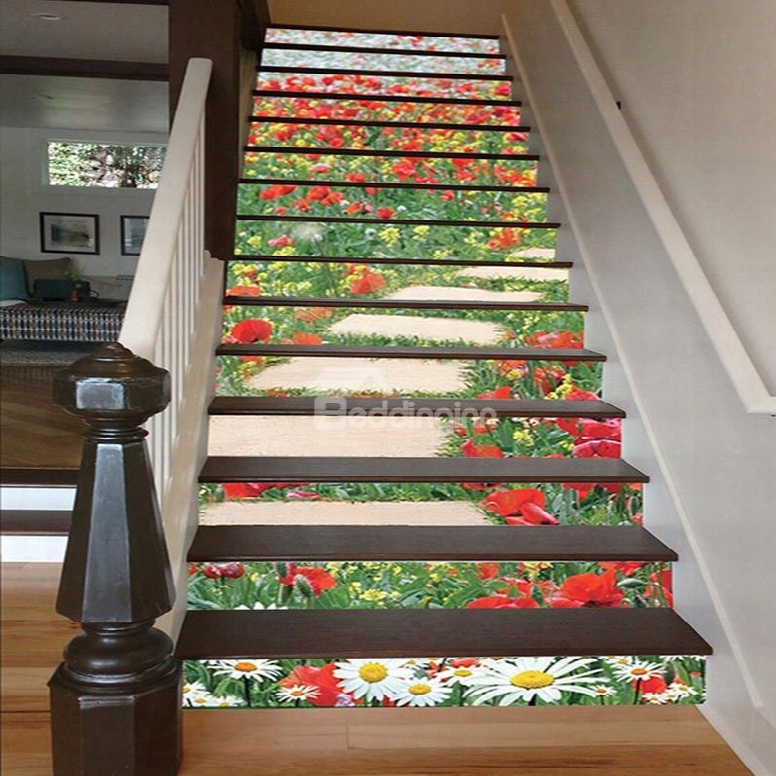 Gorgeous Flowers Stone Path Pattern Home Decorative 3d Stair Step Stickers