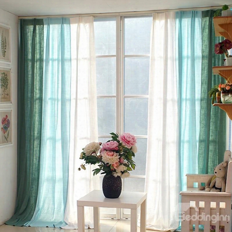 Green Blue And White Three Colors Splicing Cotton And Linen Custom Curtain