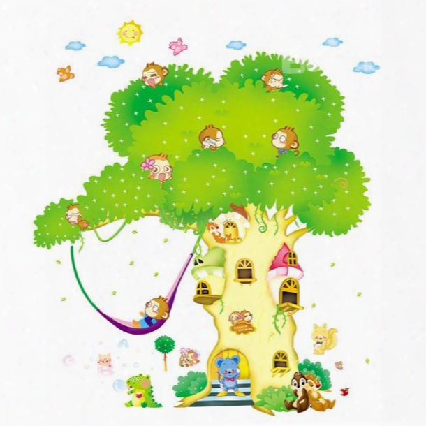 Green Cartoon Tree House Wall Stickers For Children Room Decoration