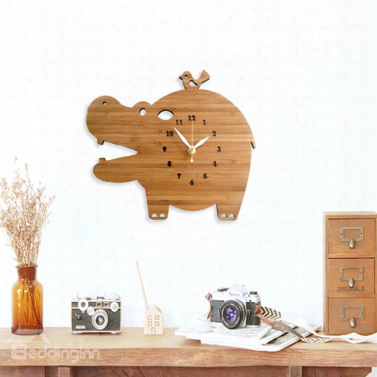 Handmade Wooden Cute Hippo Shape Mute Battery Decorative Wall Clock