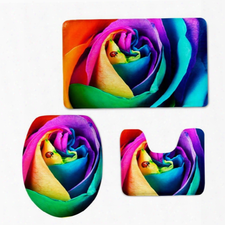 Ladybird On The Colored Rose 3d Printing 3-pieces Toilet Seat Cover