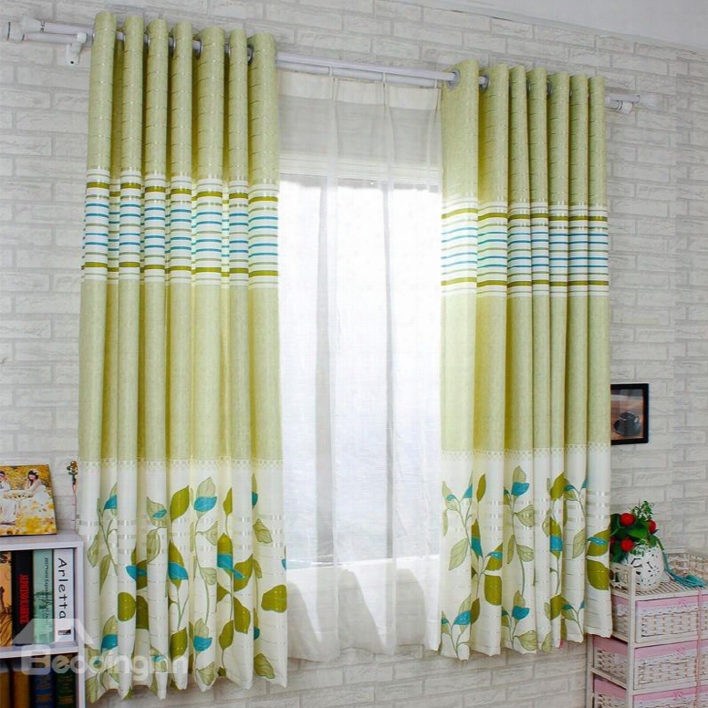 Light Green Leaf Printing Energy Saving Custom Curtain