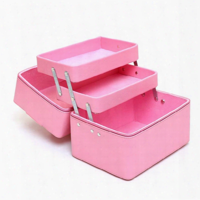 Ligght Pink 3-layer Pu Travel Cosmetic Bags With Zipper