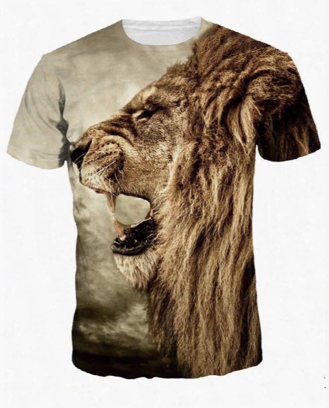 Lion Roar Pattern Design Personality Style Round Neck 3d Painted T-shirt For Men&women
