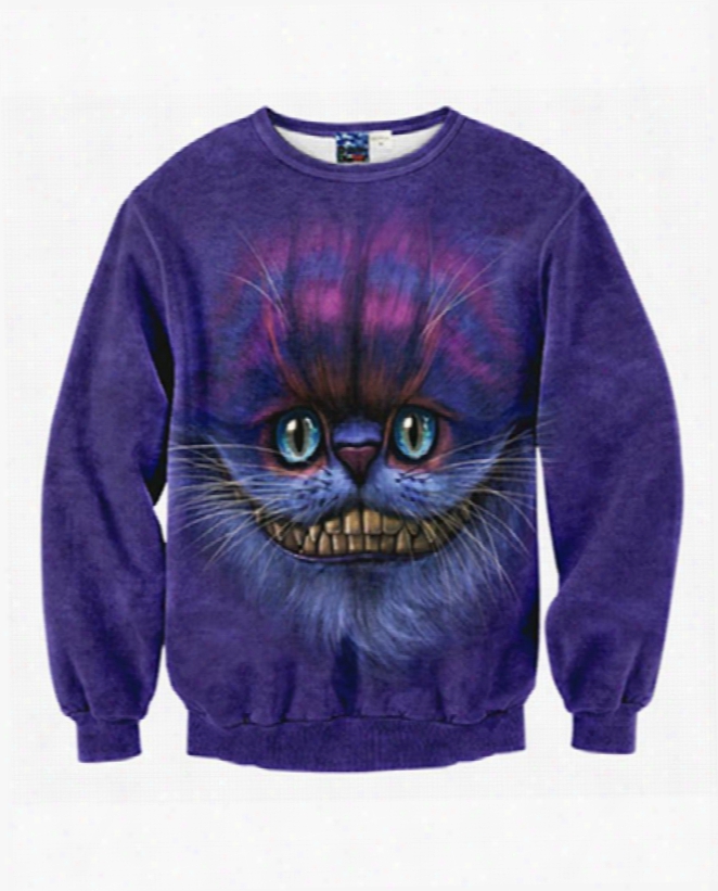 Long Sleeve Big Mouth Cat Pattern Purple Inner Suede 3d Painted Hoodie